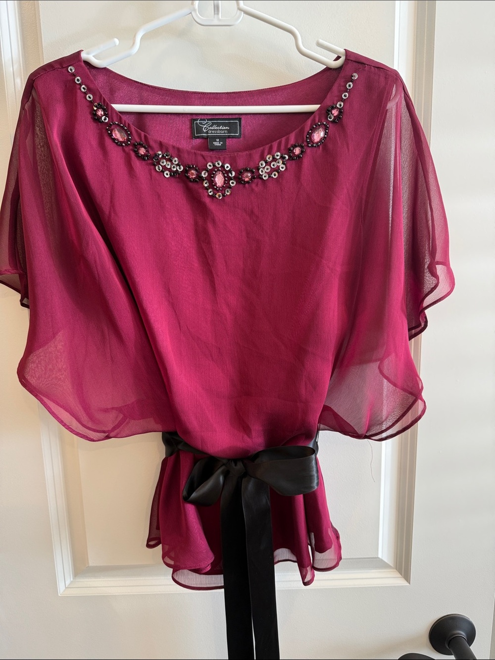 dressbarn Maroon Jeweled Chiffon Blouse with Black Satin Sash